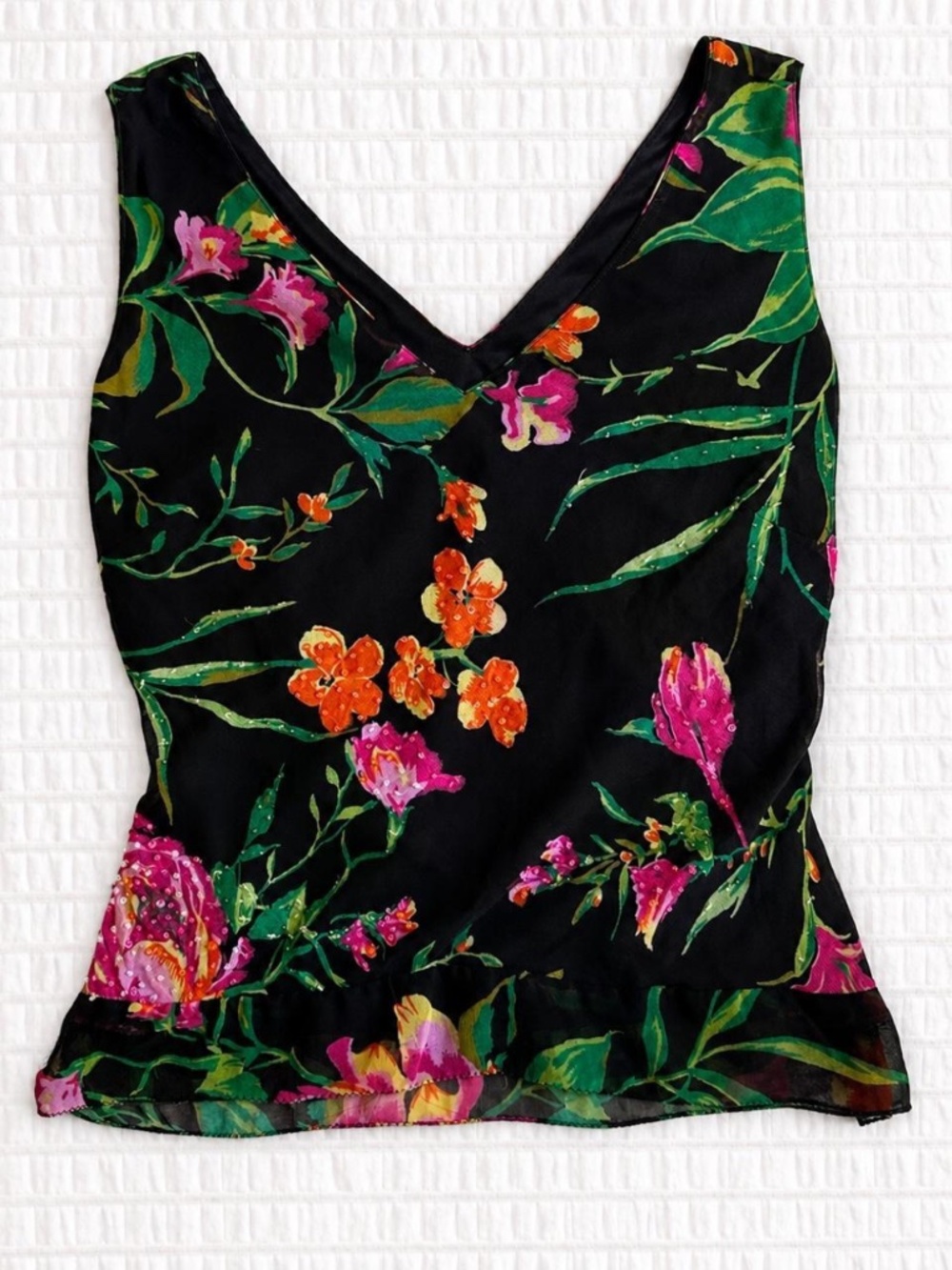 Vintage Y2K Eva Blue Black Floral Beaded Sleeveless Tank Top Size 40 (Best Fits